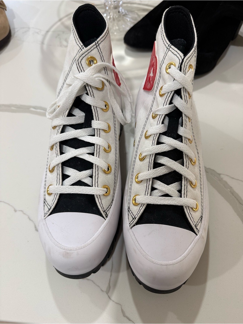 High-Top Canvas Sneakers in White, Black & Red